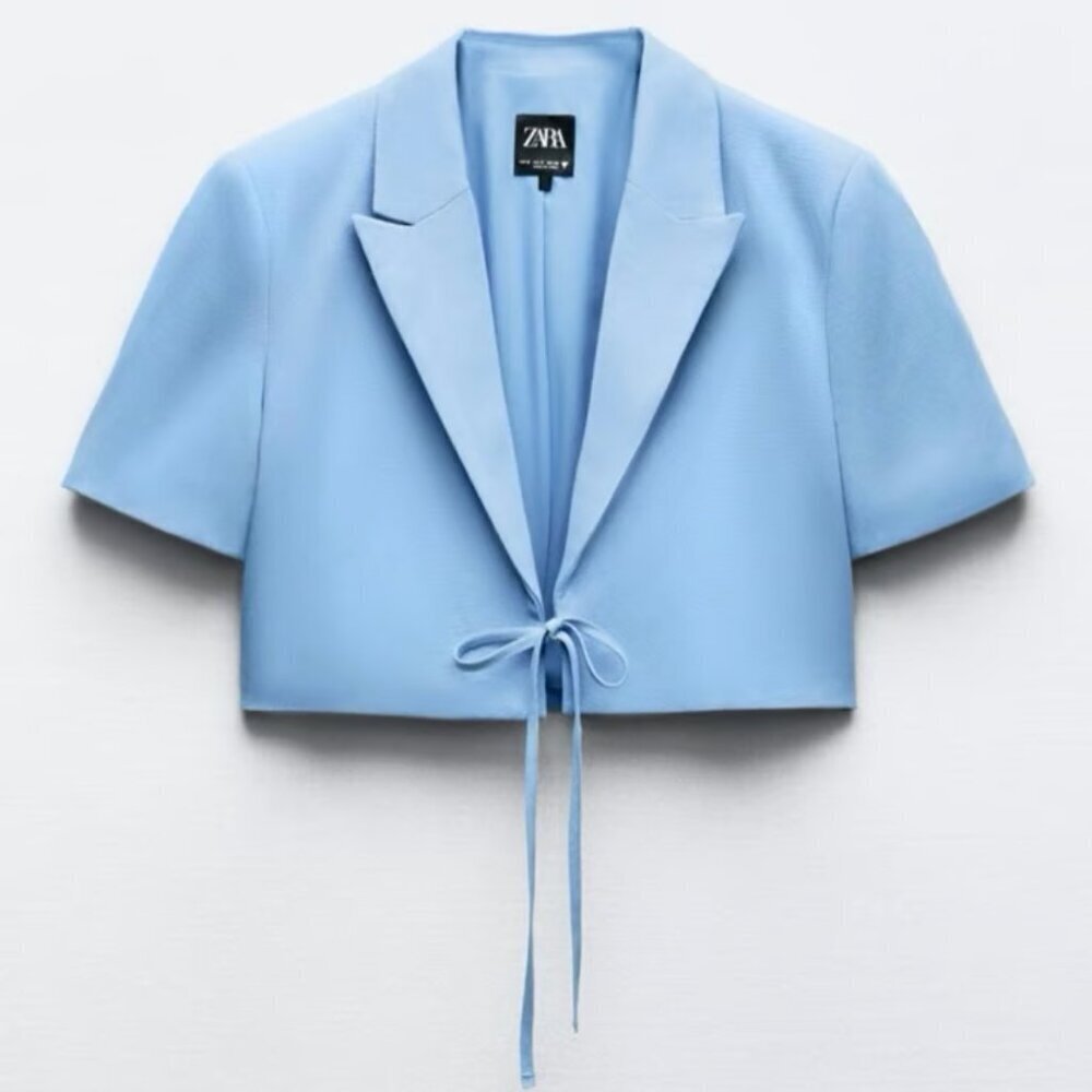 ZARA BLUE TIE FRONT CROPPED LINEN COTTON BLEND BLAZER